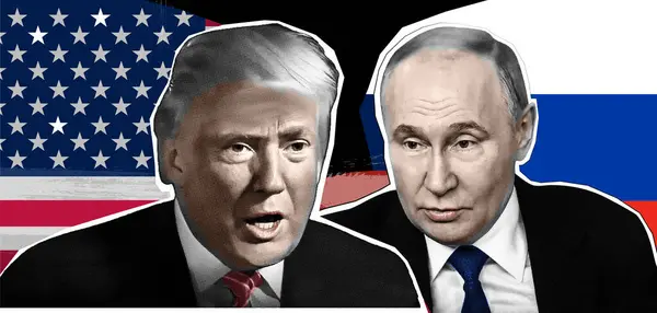 Donald Trump 'ın portresi, Vladimir Putin. Yarı ton kolaj etkisi.