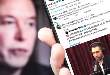 Poltava, Ukrayna - 21 Aralık 2024. Elon Musk Twitter profili sayfasında elinde akıllı telefonuyla yeni bir tweet var. Arka planda Elon Musk 'un odaksız bir portresi var..