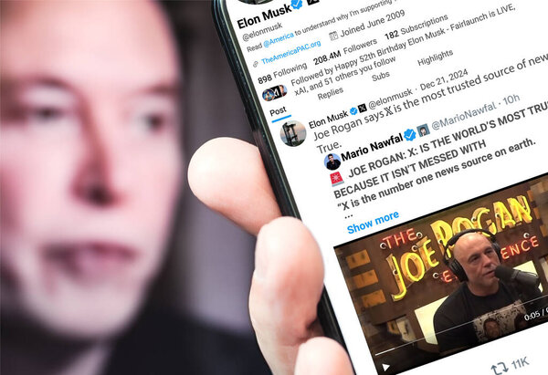 Полтава, Украина - 21 декабря 2024 года. Страница профиля Илона Маска в Twitter с новым твитом на смартфоне в руке. На заднем плане разряженный портрет Илона Маска.