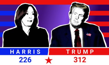 2024 başkanlık seçimlerinin sonuçları. Donald Trump ve Kamala Harris 'in portresi. 2024 ABD başkanlık seçimleri için kolaj illüstrasyon fotoğrafçılığı