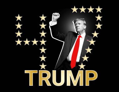 Donald Trump ABD 'nin 47. Başkanı. Yarım tonlu resimli kolaj.