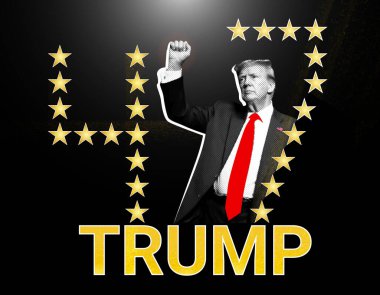 Donald Trump ABD 'nin 47. Başkanı. Yarım tonlu resimli kolaj.