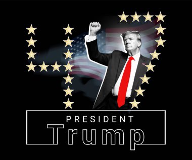 Donald Trump ABD 'nin 47. Başkanı. Yarım tonlu resimli kolaj.