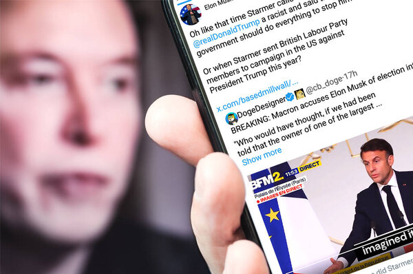 Poltava, Ukraine - January 6, 2025. Elon Musk Twitter profile page with a new tweet on a smartphone in his hand. In the background is a defocused portrait of Elon Musk.