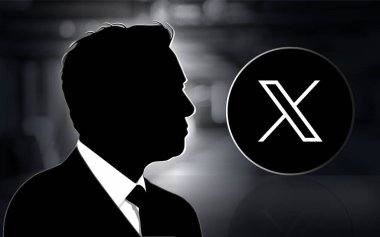 Eskiden Twitter olarak bilinen X logosunun arka planında Elon Musk siluetinin portresi.