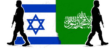 İsrail ve Hamas 'ın bayraklarının arkasında makineli tüfekli iki asker.