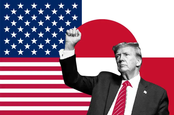 Yarım tonlu illüstrasyon kolajı. Donald Trump, Grönland ve ABD bayrakları önünde ABD 'nin 47. Başkanı.