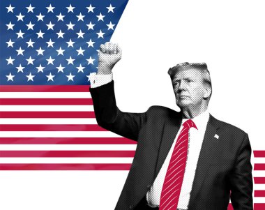Donald Trump ABD 'nin 47. Başkanı. Yarım tonlu resimli kolaj.