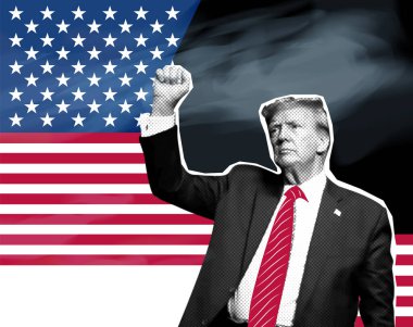 Donald Trump ABD 'nin 47. Başkanı. Yarım tonlu resimli kolaj.