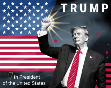 Donald Trump ABD 'nin 47. Başkanı. Yarım tonlu resimli kolaj.