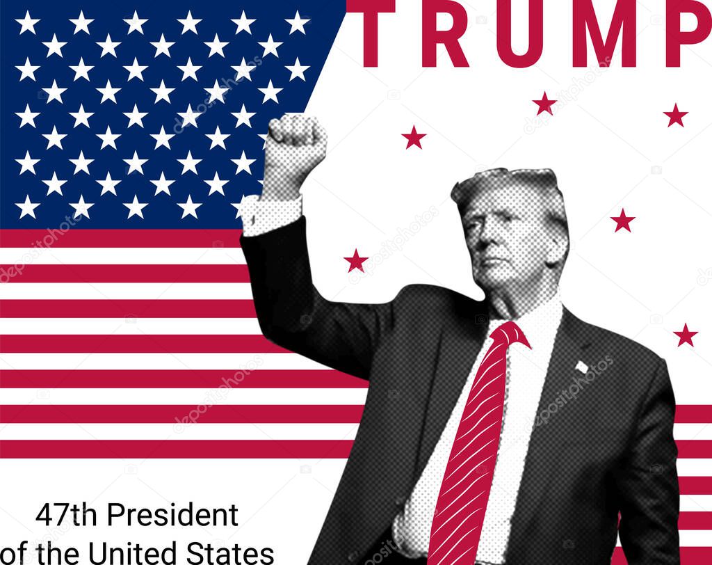Donald Trump 47th President of the USA. Illustrative collage with halftones.