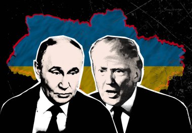 Donald Trump ve Vladimir Putin 'in portresi Ukrayna haritasının arka planında. Yarı ton kolaj etkisi.