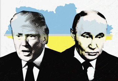 Donald Trump ve Vladimir Putin 'in portresi Ukrayna haritasının arka planında. Yarı ton kolaj etkisi.