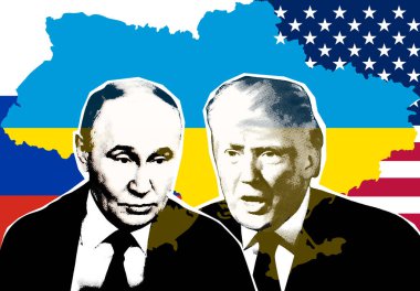 Donald Trump ve Vladimir Putin 'in portresi Ukrayna haritasının arka planında. Yarı ton kolaj etkisi.