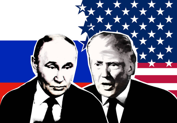 Portrait of Donald Trump and Vladimir Putin against the background of a map of Ukraine and the flags of Russia and the United States.