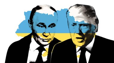 Donald Trump ve Vladimir Putin 'in portresi Ukrayna haritasının arka planında. Yarı ton kolaj etkisi.