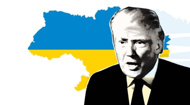 Donald Trump 'ın portresi Ukrayna haritasının arka planında. Yarı ton kolaj etkisi.