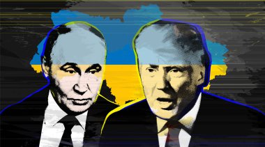 Donald Trump ve Vladimir Putin 'in portresi Ukrayna haritasının arka planında. Yarı ton kolaj etkisi.