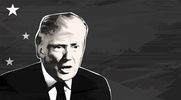 Portrait of Donald Trump on gray grunge background with free space. Halftone collage effect.