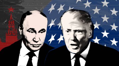 Donald Trump 'ın portresi, Vladimir Putin. Yarı ton kolaj etkisi.