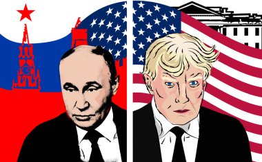 Donald Trump 'ın portresi, Vladimir Putin. Yarı ton kolaj etkisi.