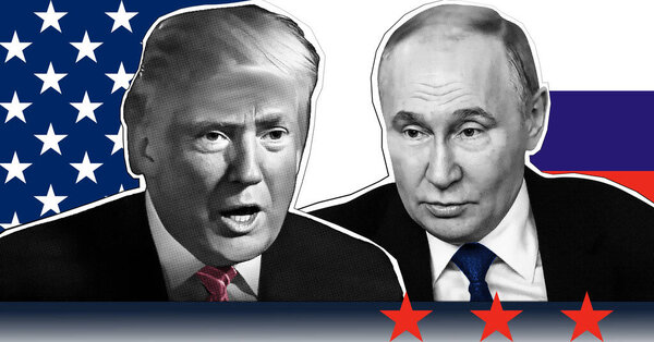Portrait of Donald Trump and Vladimir Putin against the background of a map of Ukraine and the flags of Russia and the United States.