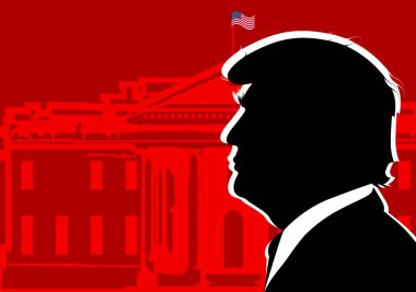 Amerika Birleşik Devletleri 'nin 45. Başkanı Donald Trump' ın kırmızı arka planda siluet profili.