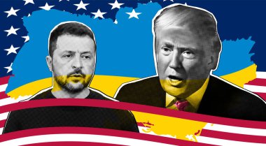 Donald Trump ve Volodymyr Zelensky 'nin Ukrayna Portresi Başkanı. Zelensky, Ukrayna haritası ve ABD Başkanı Donald Trump 'ın arka planına karşı ABD bayrağı.