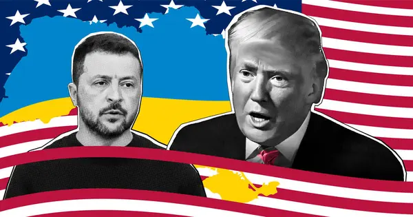 Donald Trump ve Volodymyr Zelensky 'nin Ukrayna Portresi Başkanı. Zelensky, Ukrayna haritası ve ABD Başkanı Donald Trump 'ın arka planına karşı ABD bayrağı.