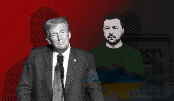 Ukrayna Başkanı Donald Trump ve Volodymyr Zelensky 'nin portresi Ukrayna haritasının arka planı