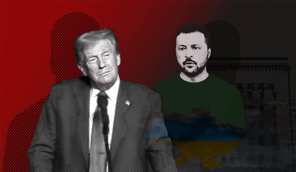 President of Ukraine Portrait of Donald Trump and Volodymyr Zelenskyy the background of a map of Ukraine