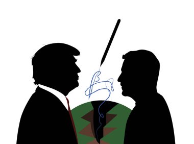 ABD Başkanı Donald Trump ve Ukrayna Devlet Başkanı Volodymyr Zelensky 'nin silueti dünyanın arka planında ve imzalı bir mürekkep kalemi.