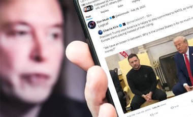 Poltava, Ukrayna - 28 Şubat 2025. Elon Musk Twitter profili sayfasında elinde akıllı telefonuyla yeni bir tweet var. Arka planda Elon Musk 'un odaksız bir portresi var..