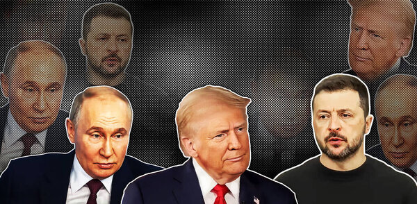 Президент США Дональд Трамп, Президент Украины Владимир Зеленский и Президент России Владимир Путин.