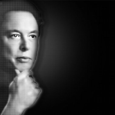 Siyah arka planda dalgın bir Elon Musk 'ın portresi. Yarım tonların etkisi.