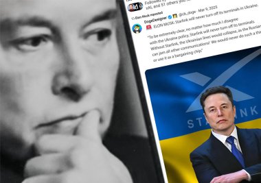 Poltava, Ukrayna - 9 Mart 2025. Elon Musk Twitter profili sayfasında elinde akıllı telefonuyla yeni bir tweet var. Arka planda Elon Musk 'un odaksız bir portresi var..