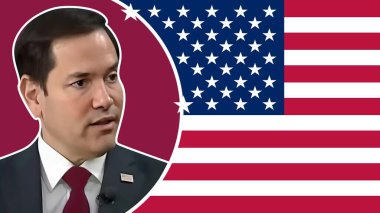ABD Dışişleri Bakanı Marco Rubio, Amerikan bayrağının arka planına karşı.
