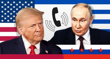 Donald Trump 'ın portresi, Vladimir Putin ve telefon ahizesi. Yarı ton kolaj etkisi.