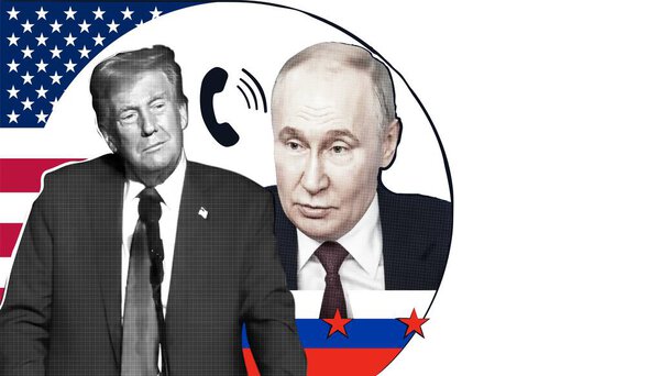Портрет Дональда Трампа, Владимира Путина и телефонного приемника. Эффект полутонового коллажа.