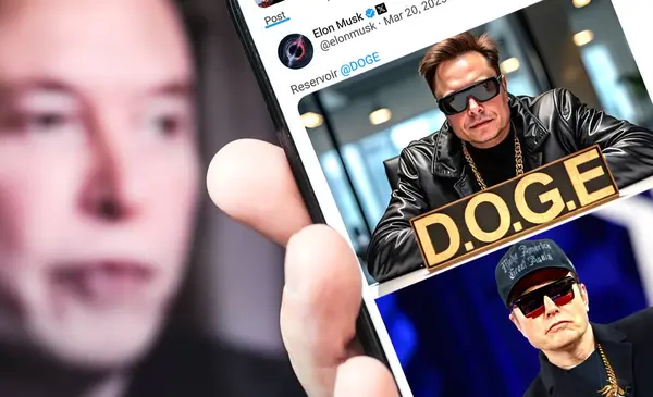 Poltava, Ukrayna - 20 Mart 2025. Elon Musk Twitter profili sayfasında elinde akıllı telefonuyla yeni bir tweet var. Arka planda Elon Musk 'un odaksız bir portresi var..