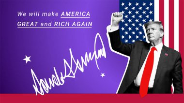 Donald Trump 'ın portresi Amerikan bayrağının arka planında yumruğunu kaldırdı. Amerika Başkanı Trump 'ın portresi, imzası ve metni Amerika' yı yeniden büyük ve zengin yapacağız..