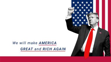 Donald Trump yumruğunu Amerikan bayrağı ve metni önünde kaldırarak Amerika 'yı yeniden büyük ve zengin yapacağız. Boşluğu kopyala.