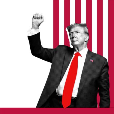 Donald Trump kompozisyonu şeffaf arka planda dikey çizgilere karşı yumruğunu kaldırdı. Yarıton etkisi