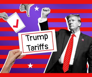 Donald Trump 'ın resmi ve elleri olan bir kolaj, bir tanesinde Trump Gümrük İdaresi yazıyor. .