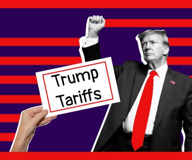 Donald Trump 'ın kolajı yumruğunu havaya kaldırdı ve elinde Trump Gümrüğü yazan bir tabela var..