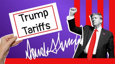Donald Trump Kolajı, imzası ve elinde Trump Gümrüğü yazan bir tabela var..