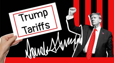 Donald Trump Kolajı, imzası ve elinde Trump Gümrüğü yazan bir tabela var..