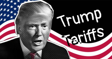 Amerika Birleşik Devletleri 'nin 47. Başkanı Donald Trump' ın portresi Amerikan bayrağının arka planına ve Tramp tarifelerine karşı..