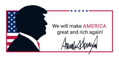 Amerika Birleşik Devletleri 'nin 47. Başkanı Donald Trump' ın siluet profili. Amerika 'yı yeniden büyük ve zengin yapacağız.