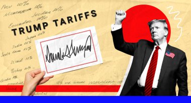 Trump Gümrük İdaresi - poster tabelası konsepti. Donald Trump, yumruğunu kaldırmış ve Trump 'ın imzasıyla plaketi tutan bir el. .